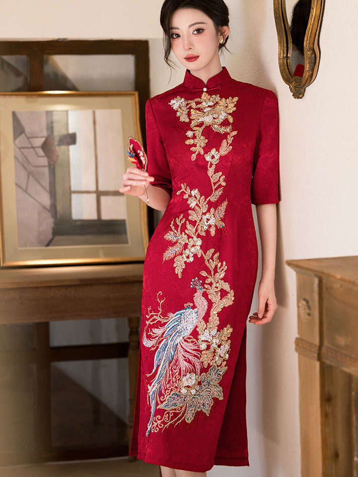 Red Jacquard Sequined Phoenix Bridal Wedding Cheongsam Dress