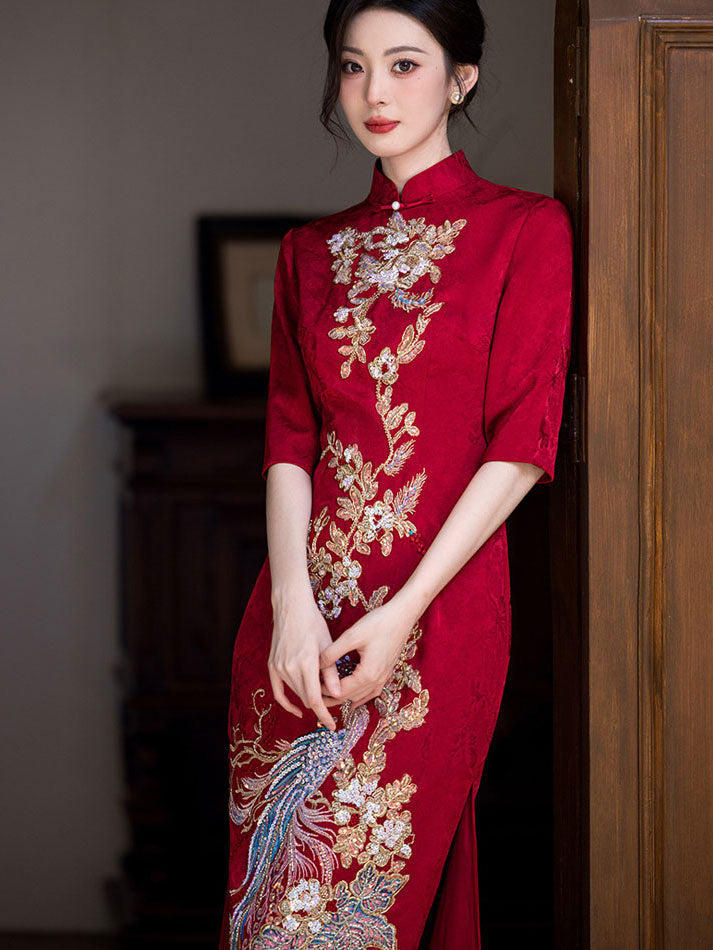 Red Jacquard Sequined Phoenix Bridal Wedding Cheongsam Dress