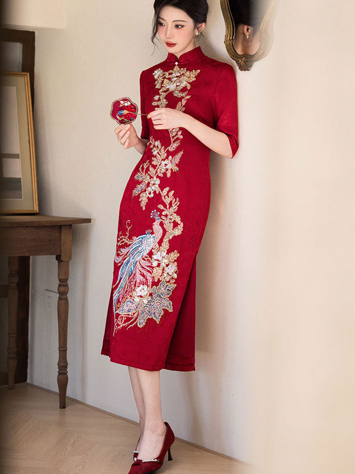 Red Jacquard Sequined Phoenix Bridal Wedding Cheongsam Dress