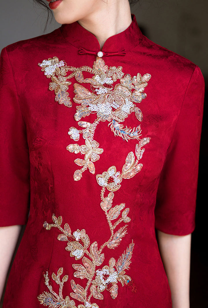 Red Jacquard Sequined Phoenix Bridal Wedding Cheongsam Dress