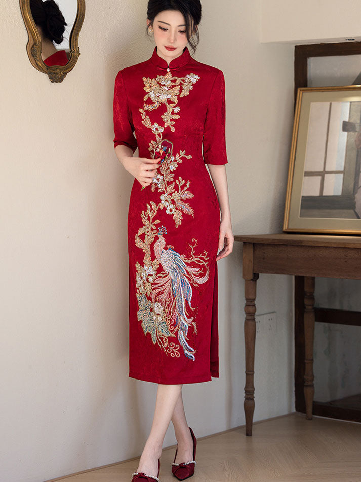 Red Jacquard Sequined Phoenix Bridal Wedding Cheongsam Dress