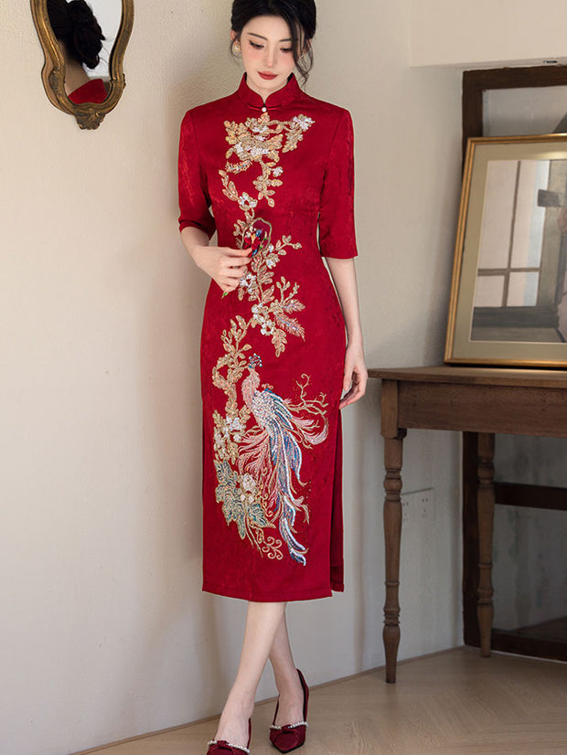 Red Jacquard Sequined Phoenix Bridal Wedding Cheongsam Dress