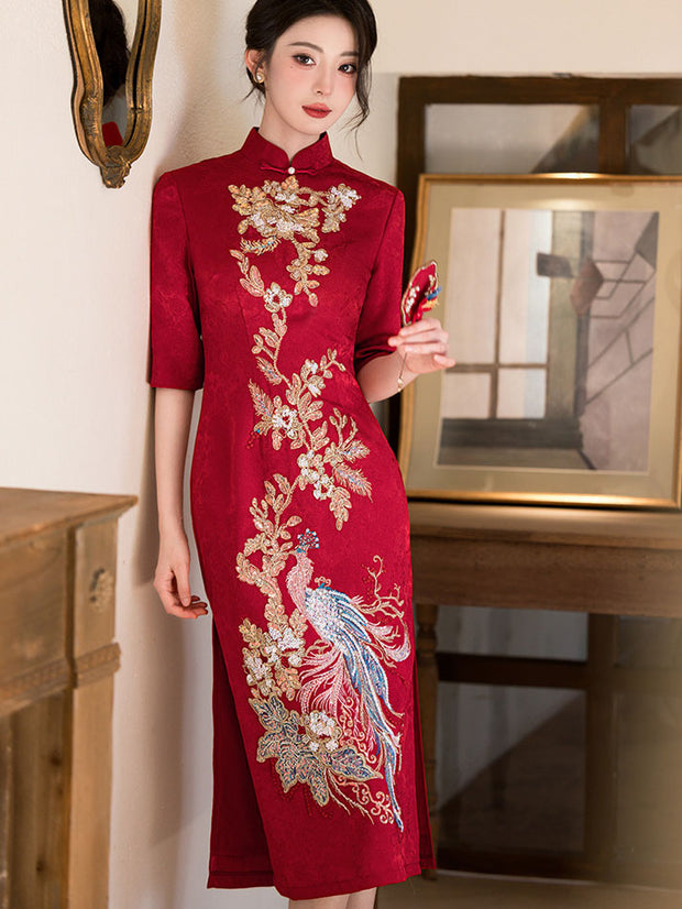 Red Jacquard Sequined Phoenix Bridal Wedding Cheongsam Dress