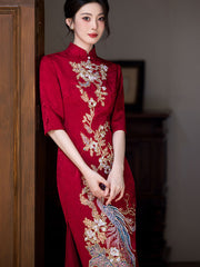 Red Jacquard Sequined Phoenix Bridal Wedding Cheongsam Dress