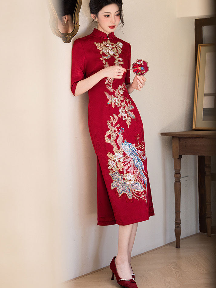 Red Jacquard Sequined Phoenix Bridal Wedding Cheongsam Dress