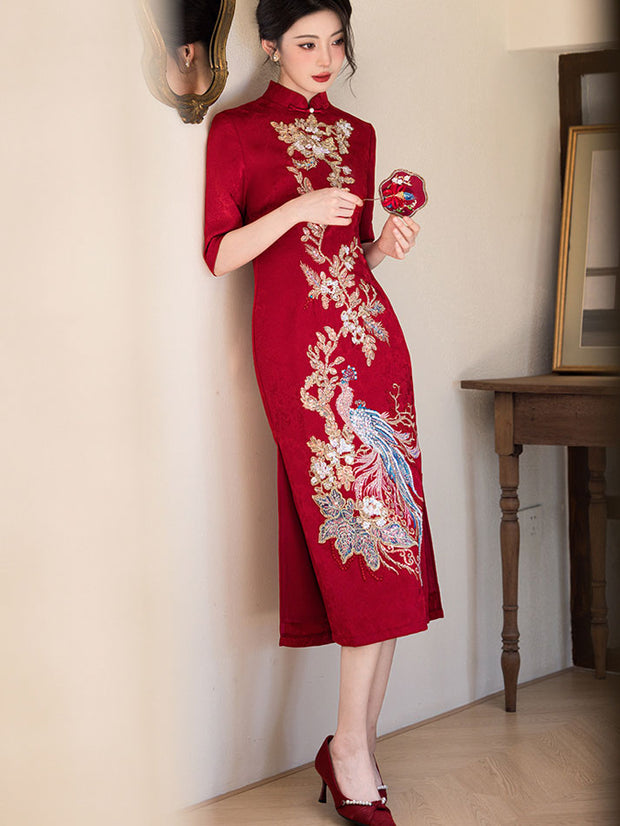 Red Jacquard Sequined Phoenix Bridal Wedding Cheongsam Dress