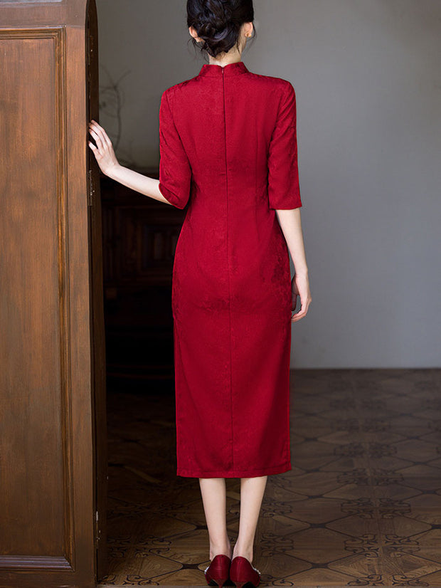 Red Jacquard Sequined Phoenix Bridal Wedding Cheongsam Dress