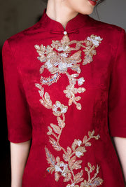 Red Jacquard Sequined Phoenix Bridal Wedding Cheongsam Dress