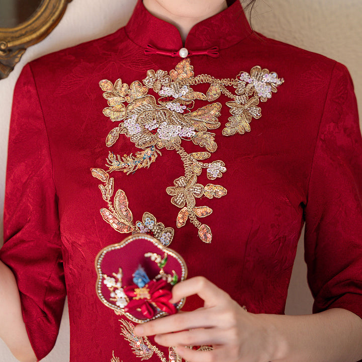 Red Jacquard Sequined Phoenix Bridal Wedding Cheongsam Dress M Red Jacquard Sequined Phoenix Bridal Wedding Cheongsam Dress M