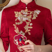 Red Jacquard Sequined Phoenix Bridal Wedding Cheongsam Dress