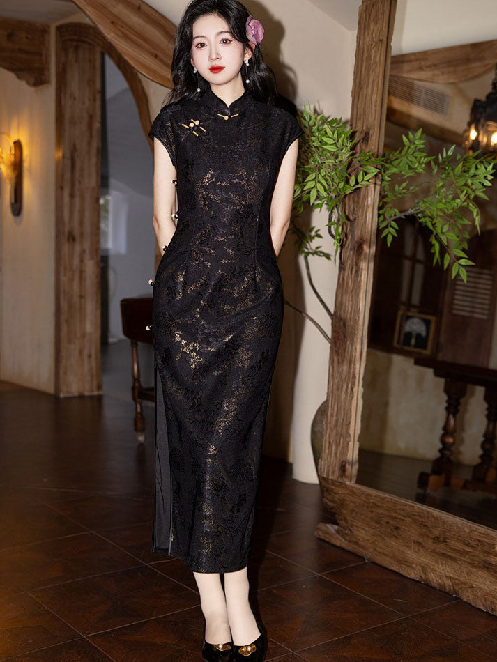 Midnight Black Floral Lace Cheongsam Qipao Dress