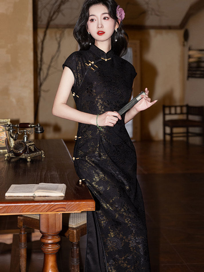 Midnight Black Floral Lace Cheongsam Qipao Dress