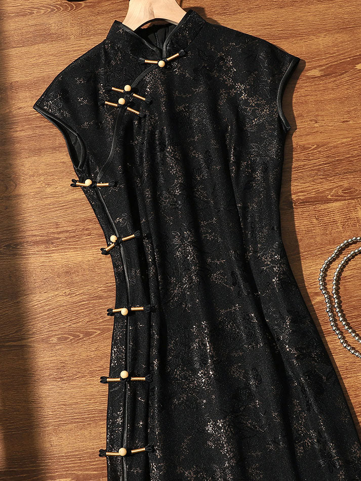 Midnight Black Floral Lace Cheongsam Qipao Dress