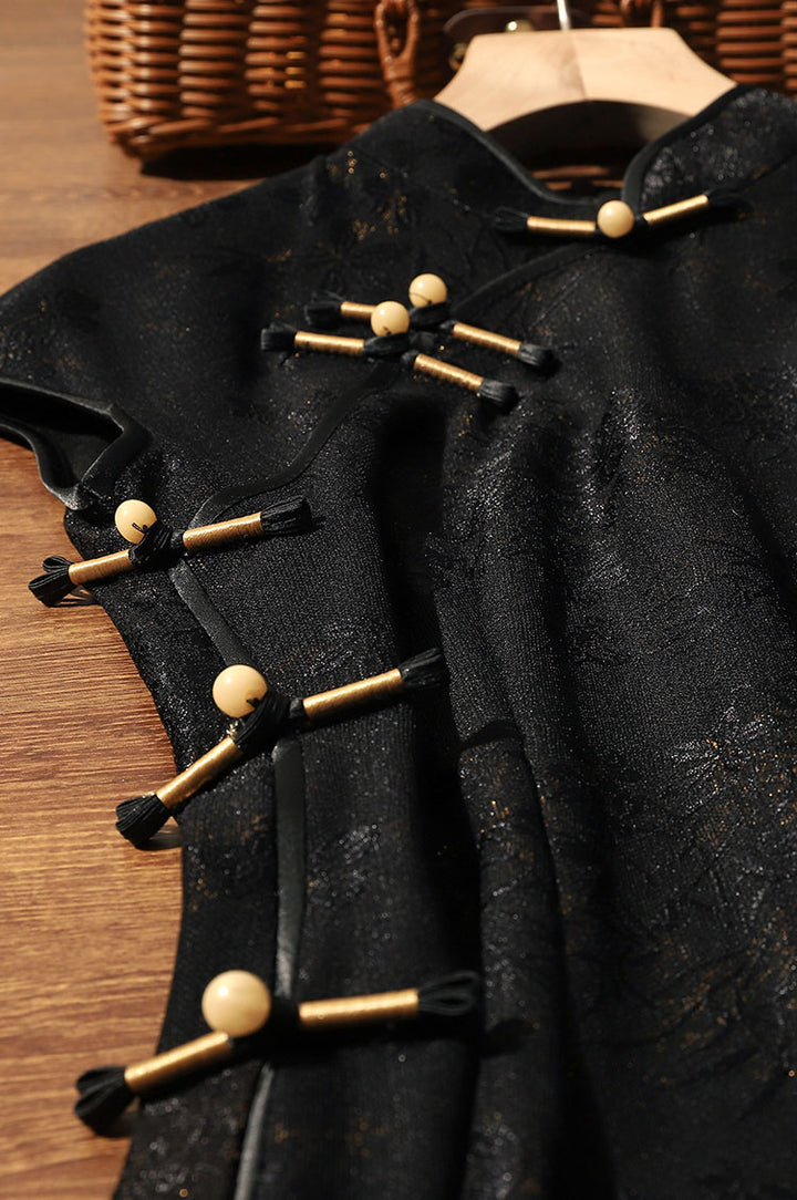 Midnight Black Floral Lace Cheongsam Qipao Dress