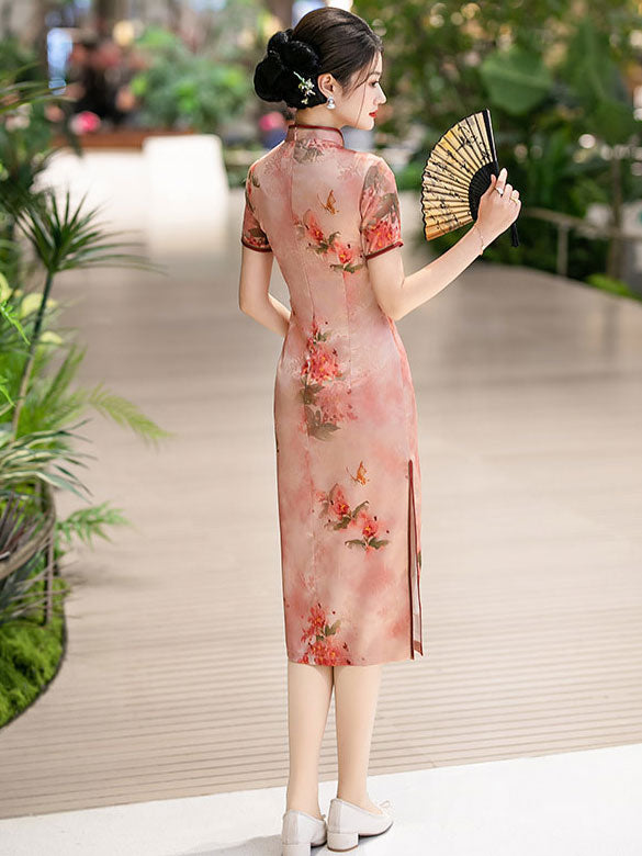 Pink Floral Print Midi Cheongsam Qipao Dress