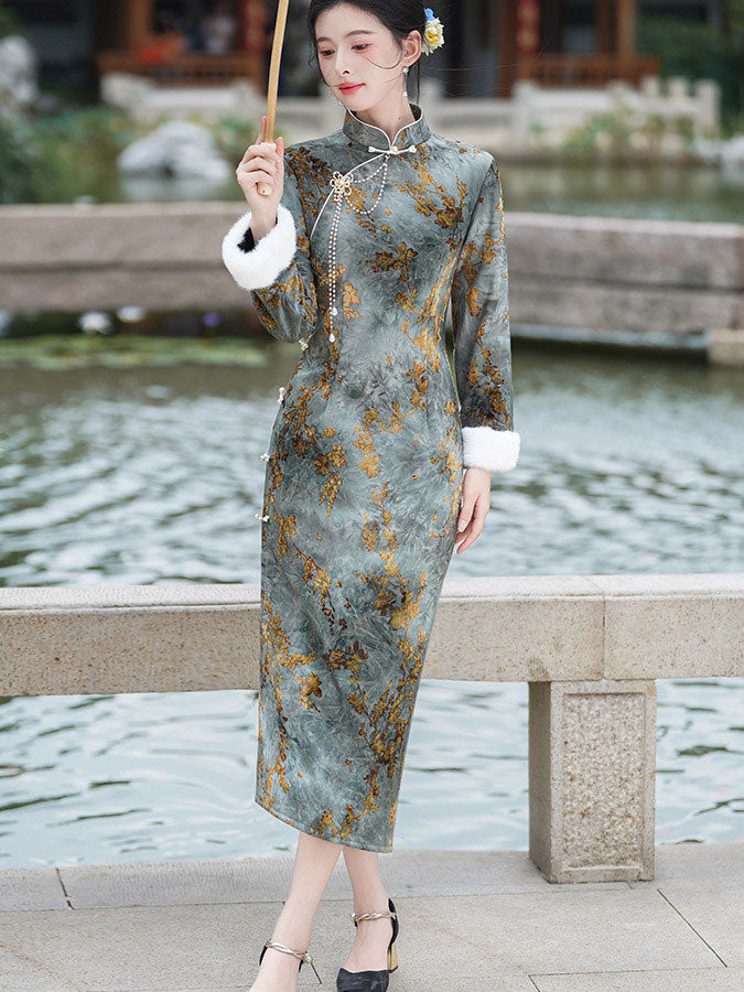 Dark Green Floral Fleece Winter Cheongsam Qipao Dress