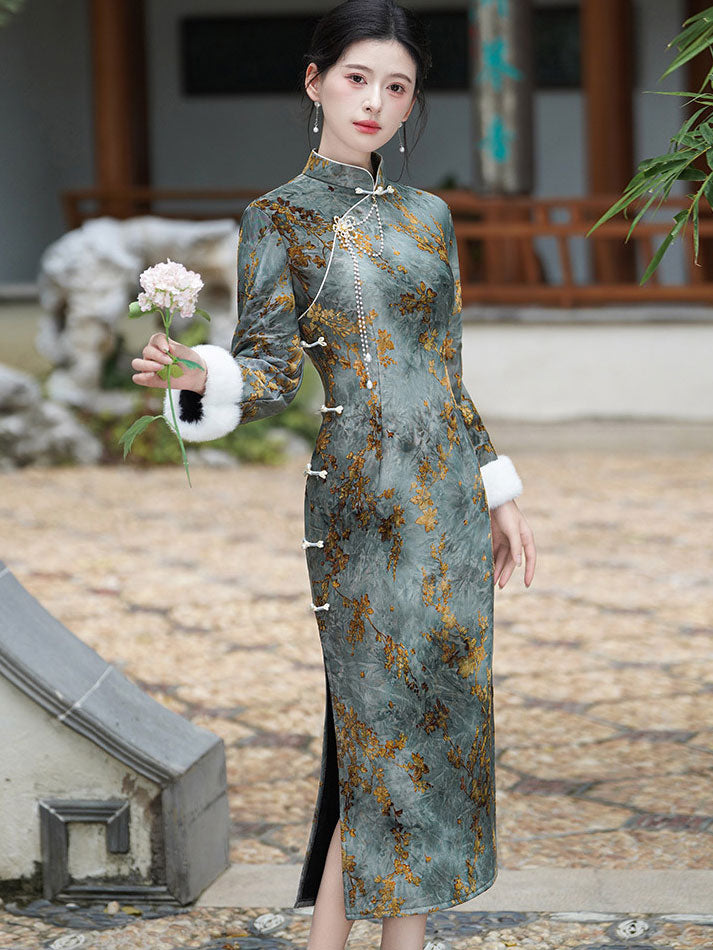 Dark Green Floral Fleece Winter Cheongsam Qipao Dress