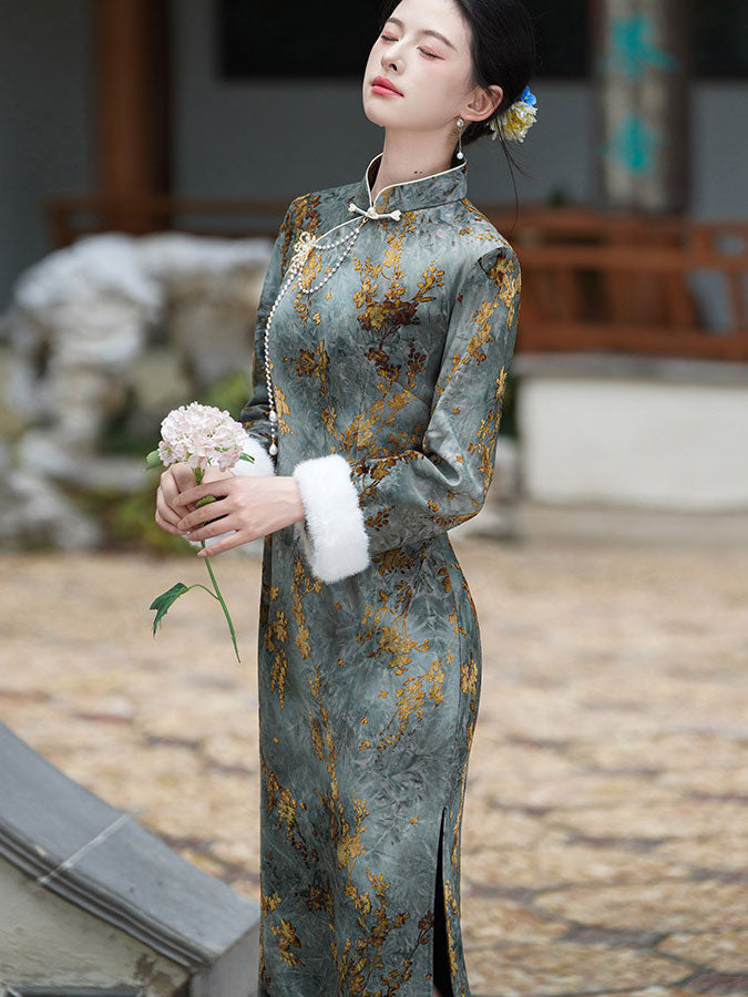Dark Green Floral Fleece Winter Cheongsam Qipao Dress