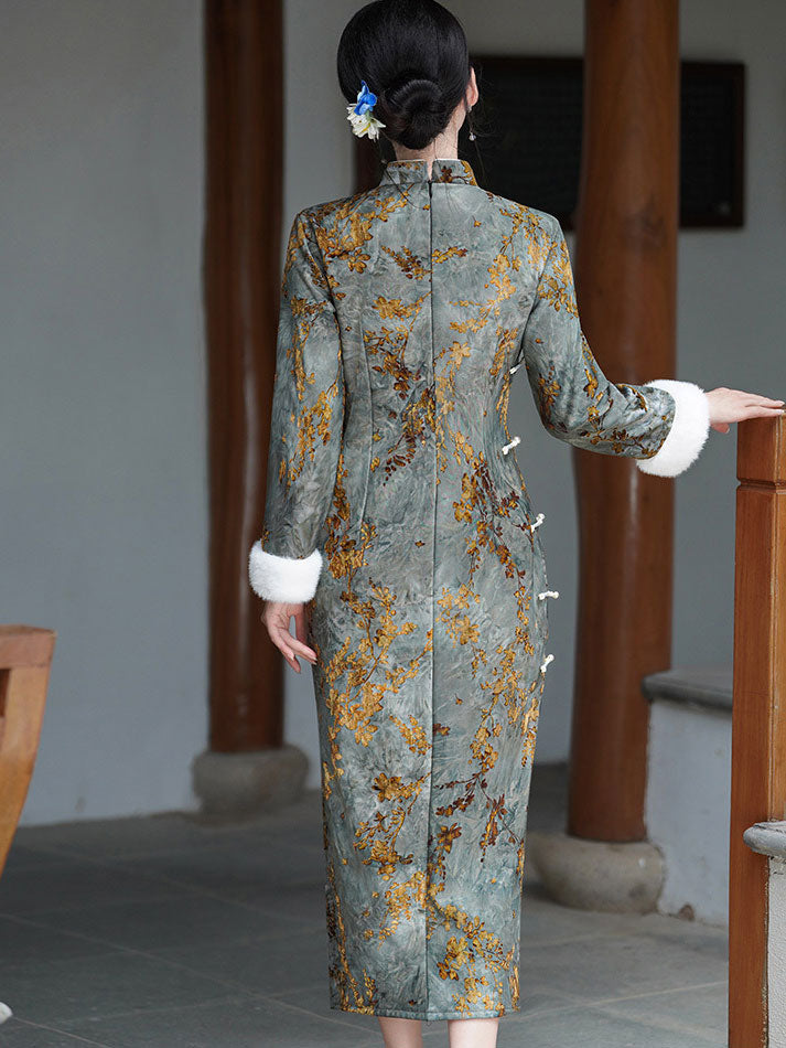 Dark Green Floral Fleece Winter Cheongsam Qipao Dress