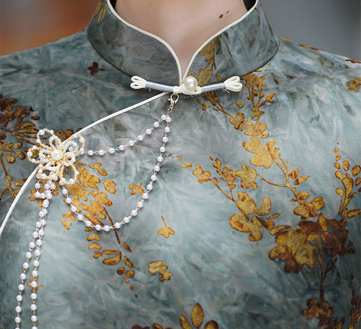 Dark Green Floral Fleece Winter Cheongsam Qipao Dress