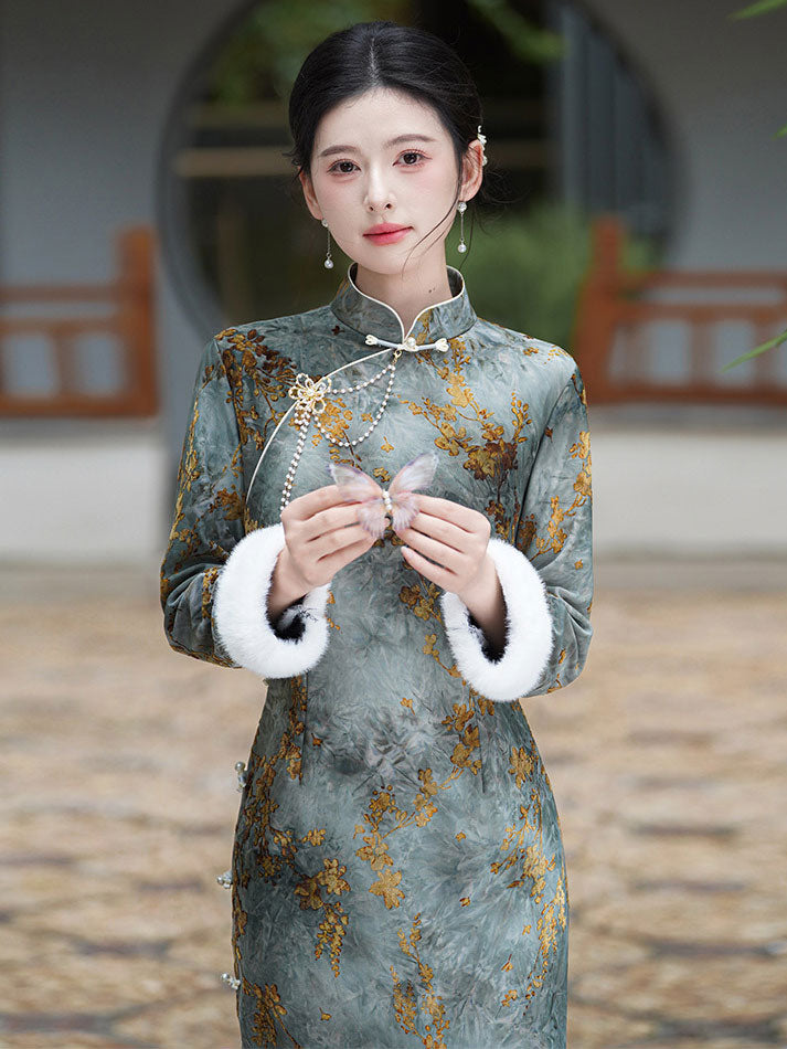 Dark Green Floral Fleece Winter Cheongsam Qipao Dress