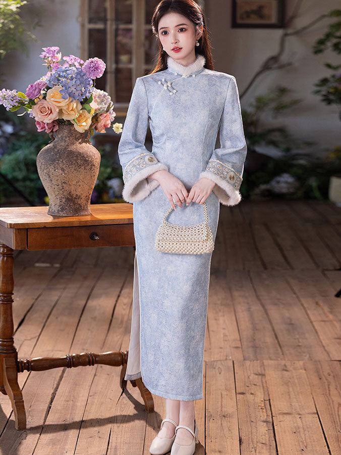 Blue Jacquard Floral Fleece Winter Cheongsam Qipao Dress