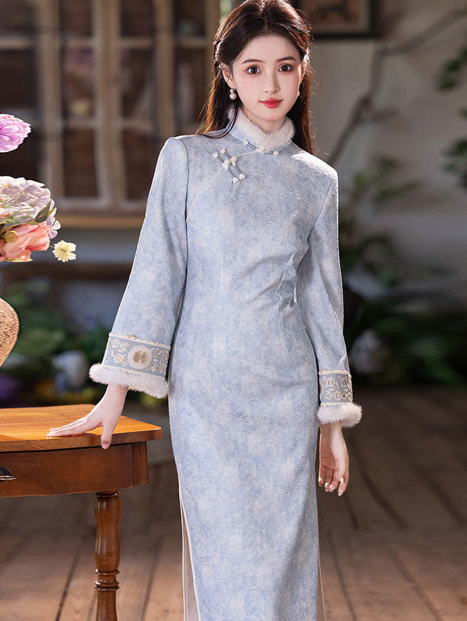 Blue Jacquard Floral Fleece Winter Cheongsam Qipao Dress