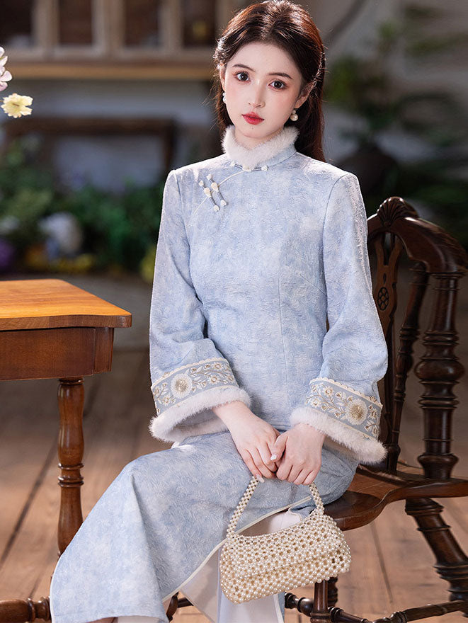 Blue Jacquard Floral Fleece Winter Cheongsam Qipao Dress
