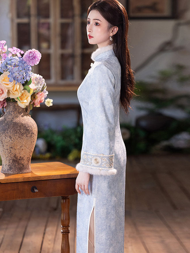 Blue Jacquard Floral Fleece Winter Cheongsam Qipao Dress
