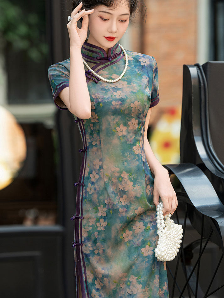 Green Floral Print Maxi Cheongsam Qipao Dress