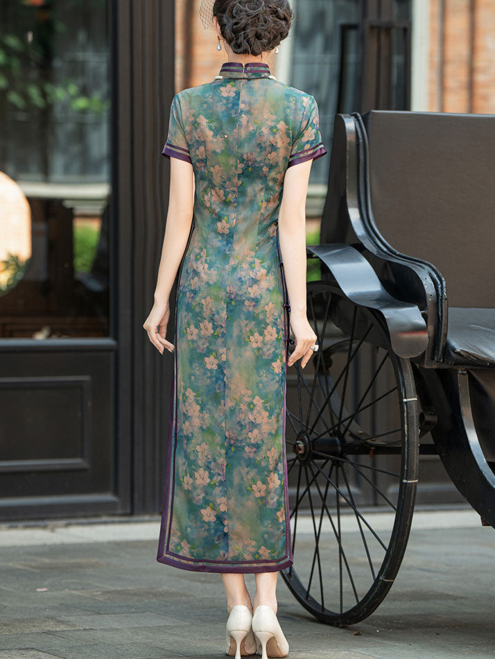 Green Floral Print Maxi Cheongsam Qipao Dress