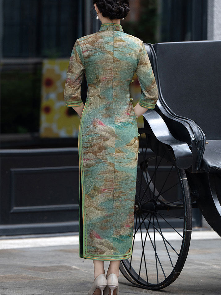 Green Print Linen Half Sleeve Maxi Cheongsam Qipao Dress