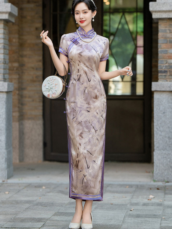 Shimmer Floral Print Maxi Cheongsam Qipao Dress