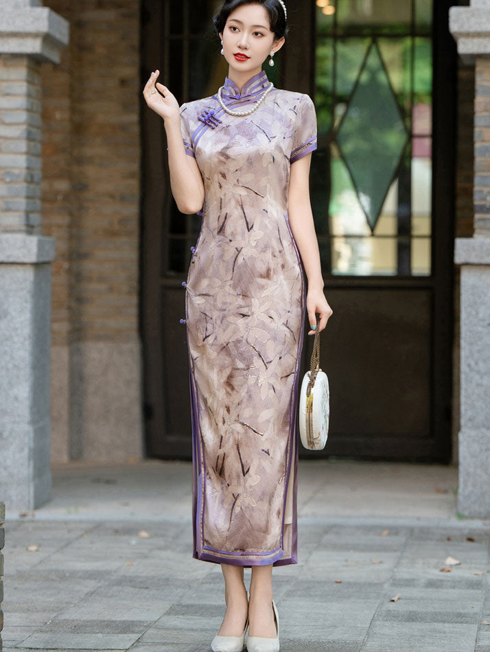 Shimmer Floral Print Maxi Cheongsam Qipao Dress