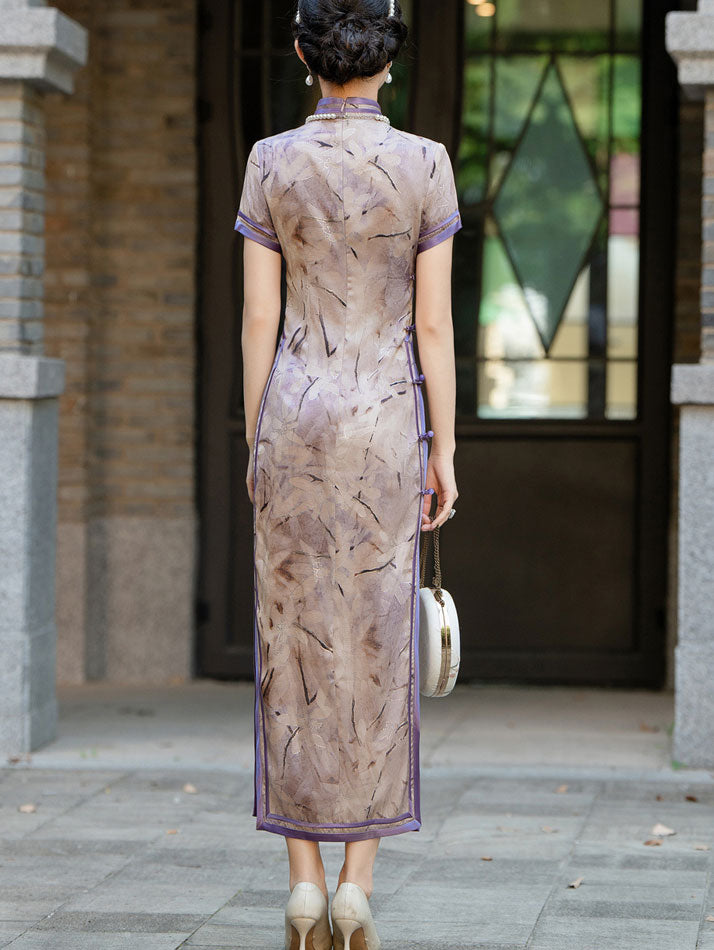 Shimmer Floral Print Maxi Cheongsam Qipao Dress