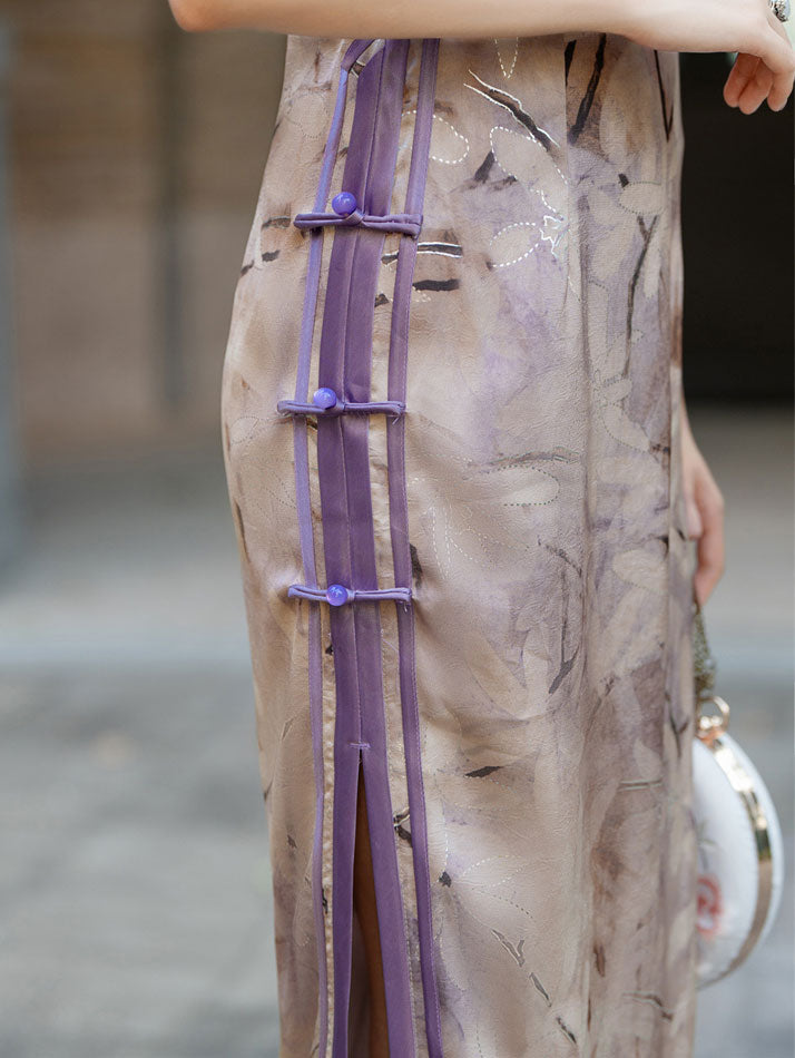Shimmer Floral Print Maxi Cheongsam Qipao Dress