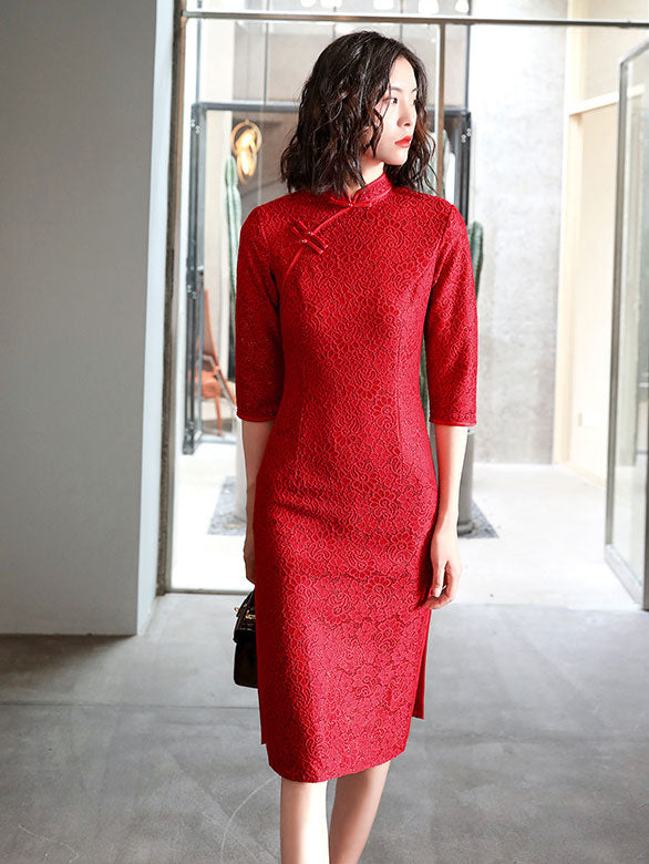 Burgundy Lace Midi Cheongsam Qi Pao Dress