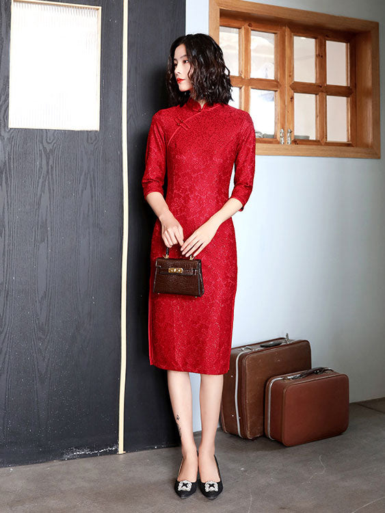 Burgundy Lace Midi Cheongsam Qi Pao Dress