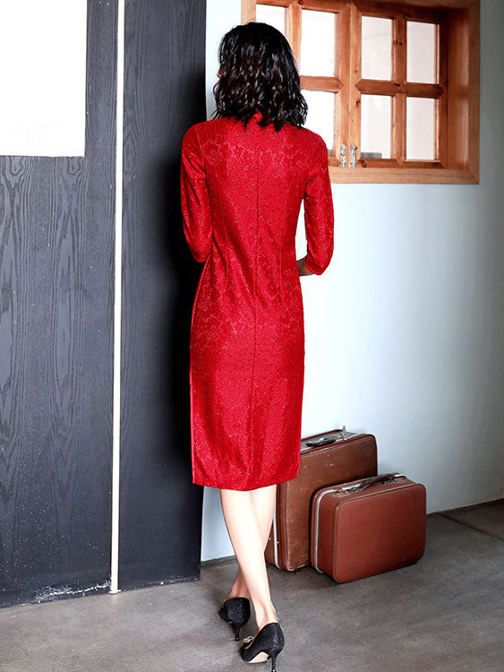 Burgundy Lace Midi Cheongsam Qi Pao Dress