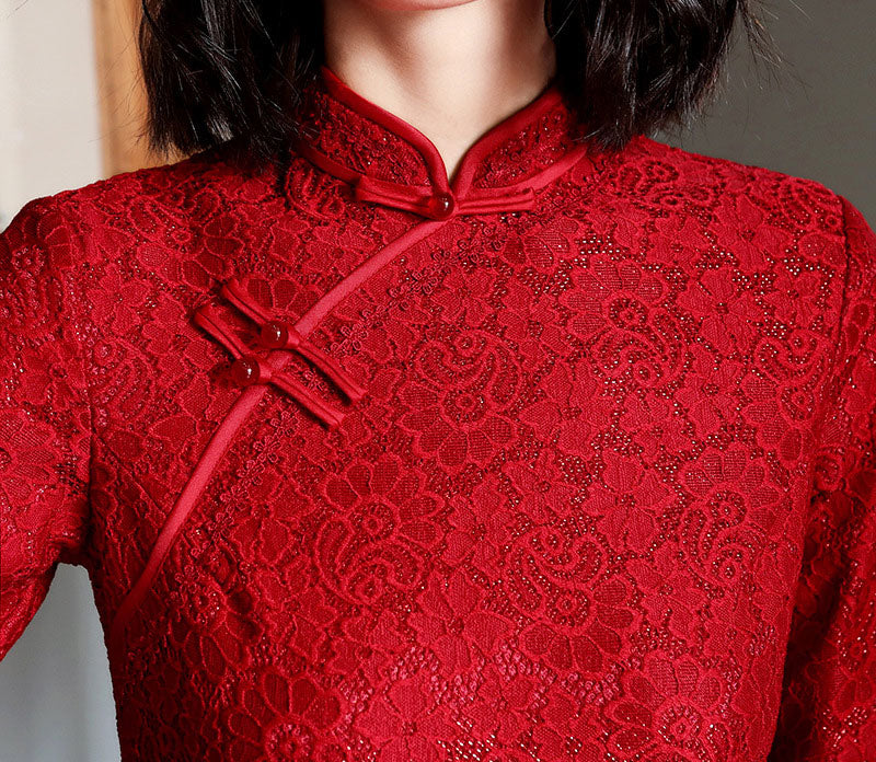 Burgundy Lace Midi Cheongsam Qi Pao Dress