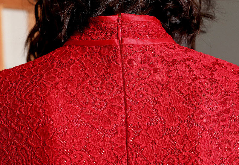 Burgundy Lace Midi Cheongsam Qi Pao Dress