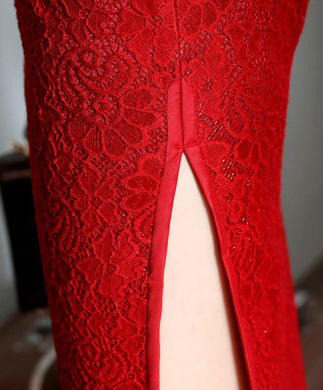 Burgundy Lace Midi Cheongsam Qi Pao Dress