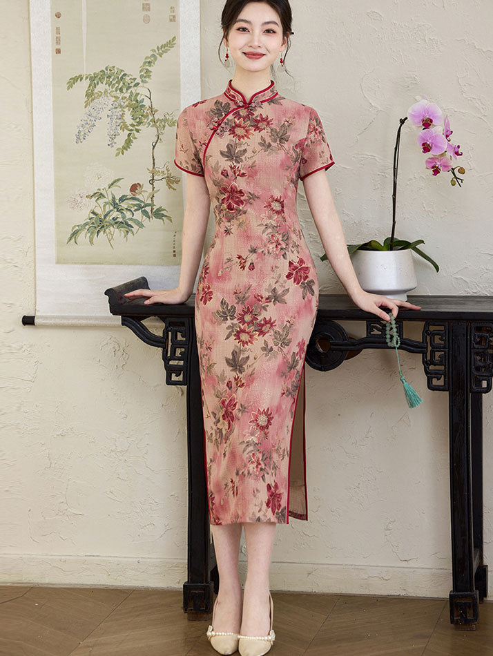 Red Shimmer Floral Print Midi Cheongsam Qipao Dress