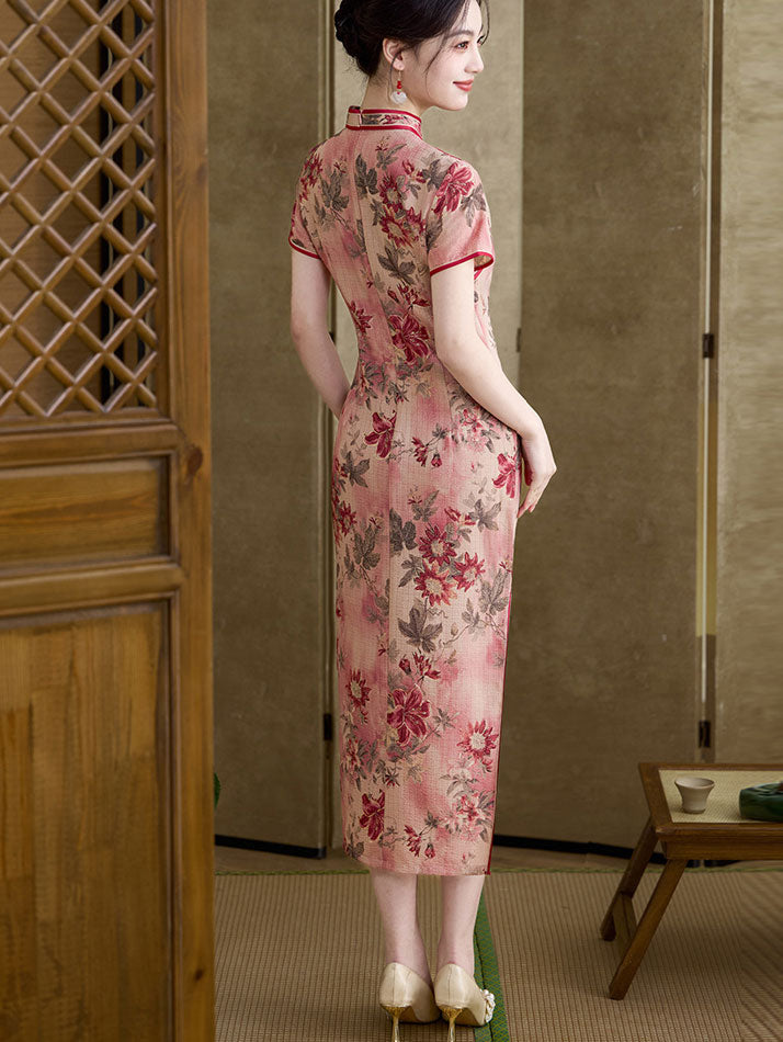 Red Shimmer Floral Print Midi Cheongsam Qipao Dress