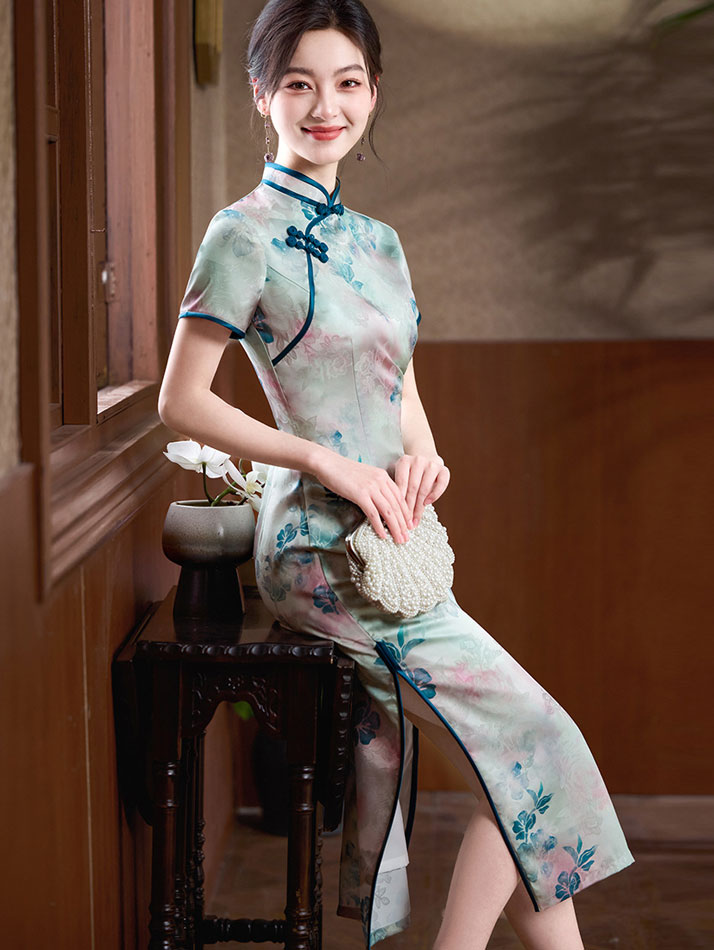 Floral Print Mothers Midi Cheongsam Qipao Dress