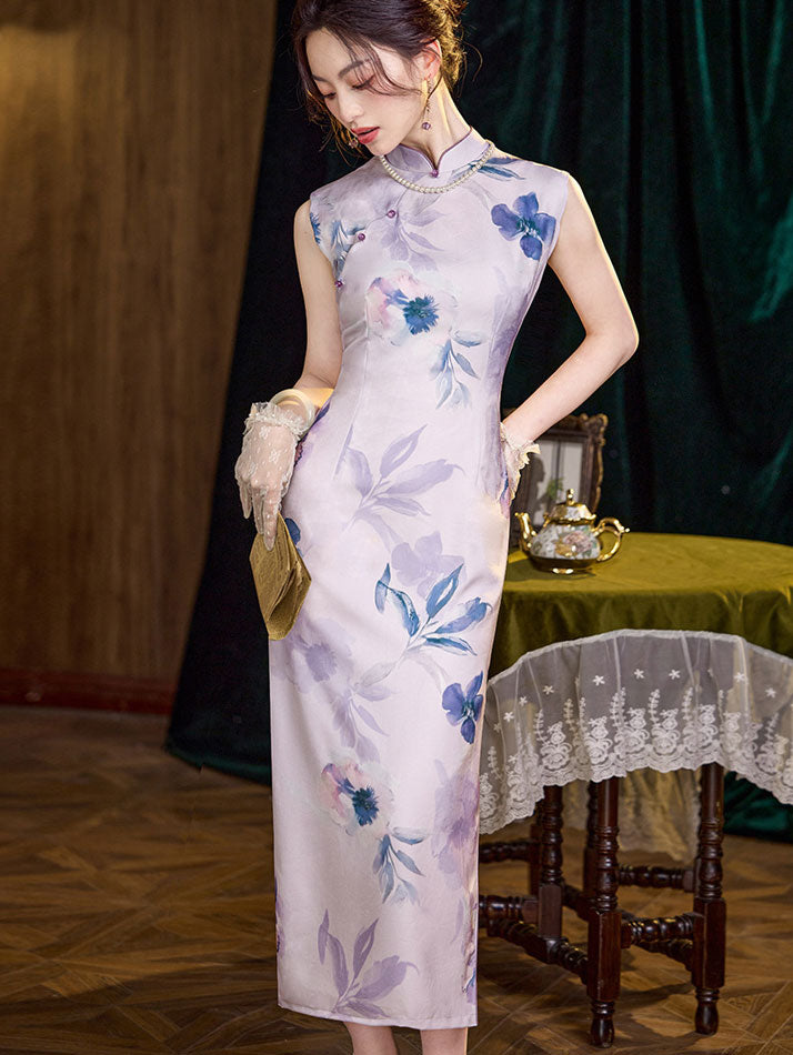 Purple Floral Print Sleeveless Qipao Cheongsam Dress