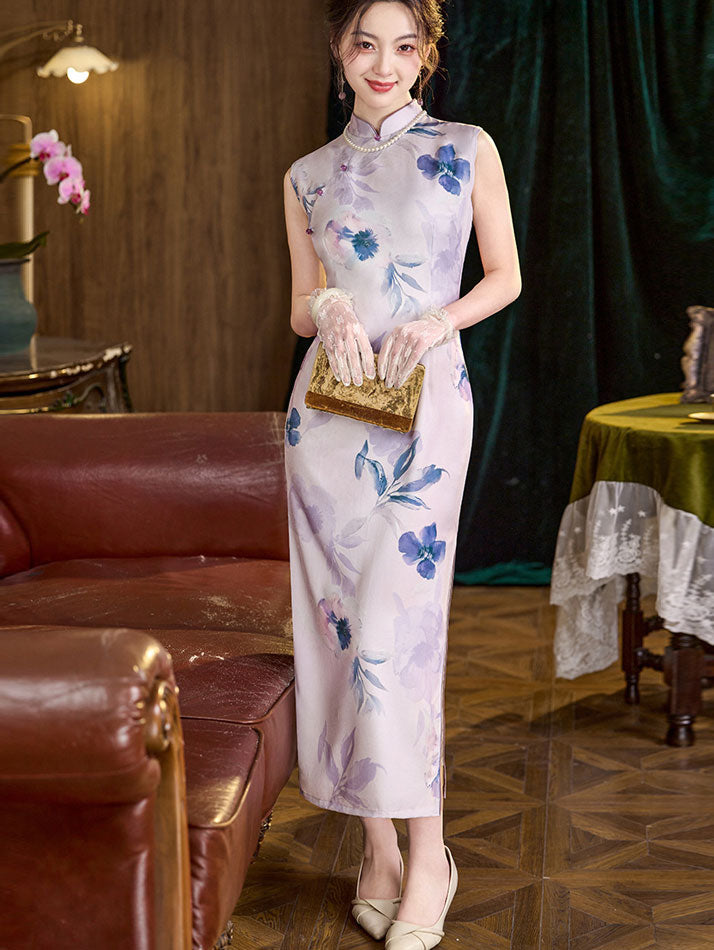 Purple Floral Print Sleeveless Qipao Cheongsam Dress