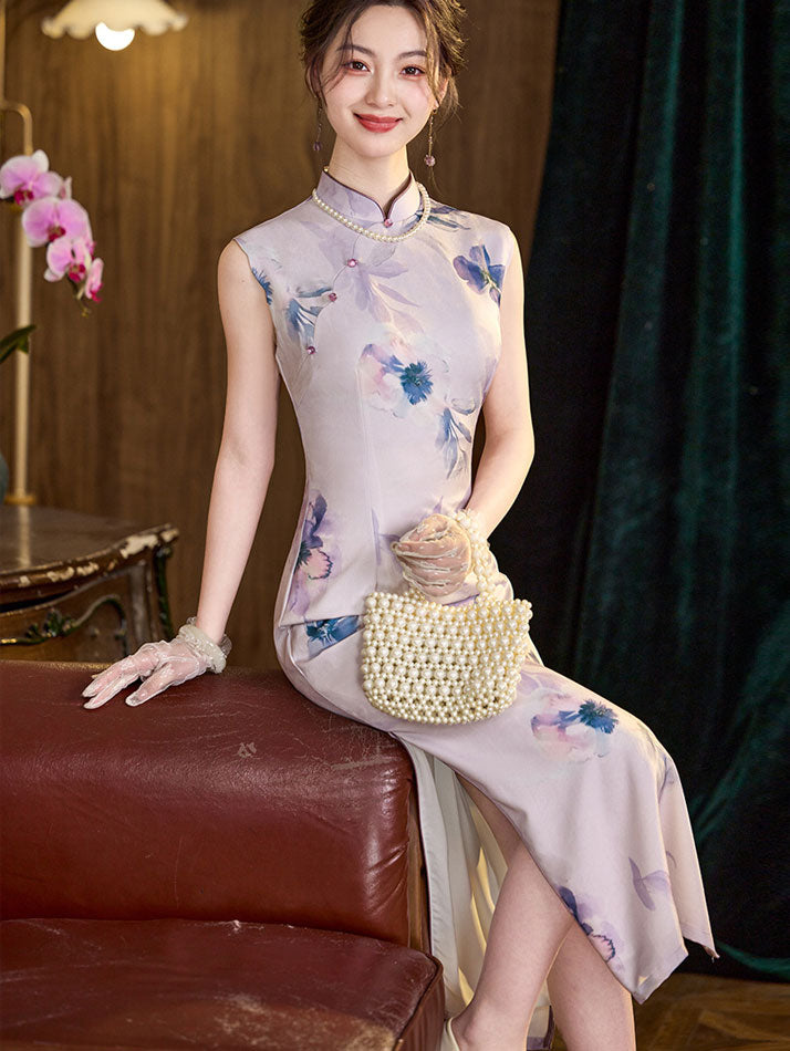Purple Floral Print Sleeveless Qipao Cheongsam Dress