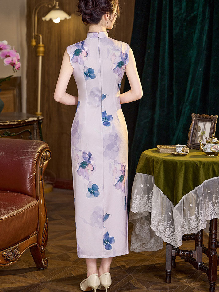 Purple Floral Print Sleeveless Qipao Cheongsam Dress