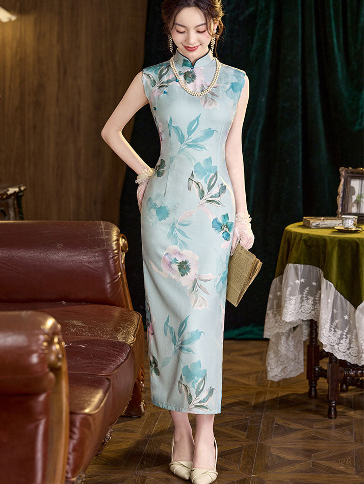 Blue Floral Print Sleeveless Qipao Cheongsam Dress